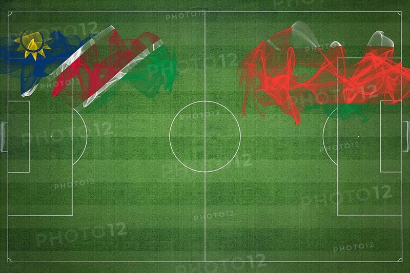 Namibia vs Oman Soccer Match, national colors, national flags, soccer field, football game, Competition concept, Copy space