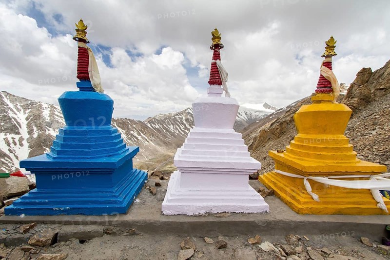 Three stupas in the high mountains of Ladakh, India, Asia