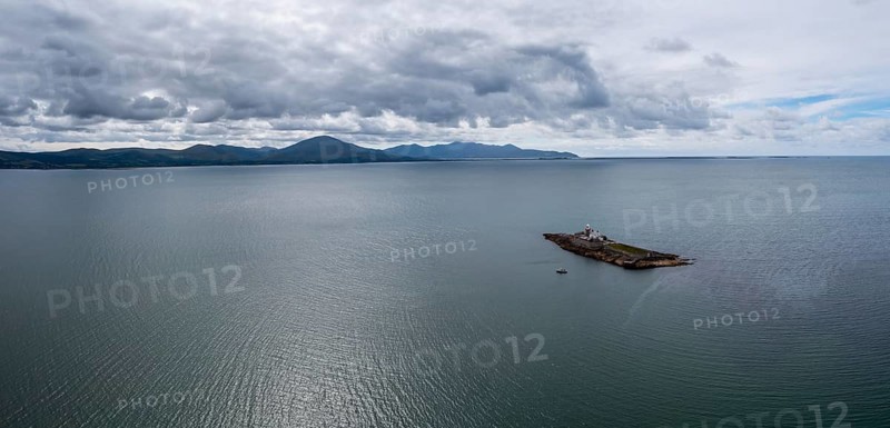Aerial panorama view of the historic Fenit Lighthouse on Little Samphire Island in Tralee Bay