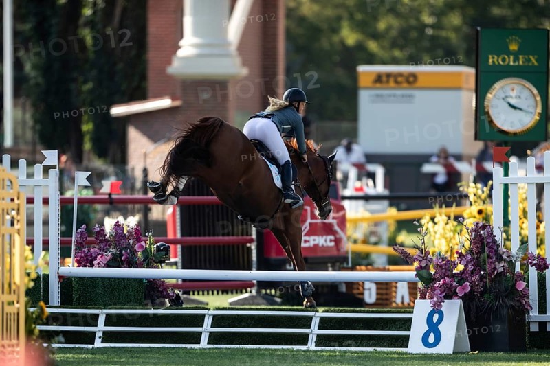 Jaydan Stettner of Canada and riding Ielinea JTL competes in the 1.45m Enbridge Cup at the Spruce Meadows, Masters, in Calgary, Alberta, Canada, North America
