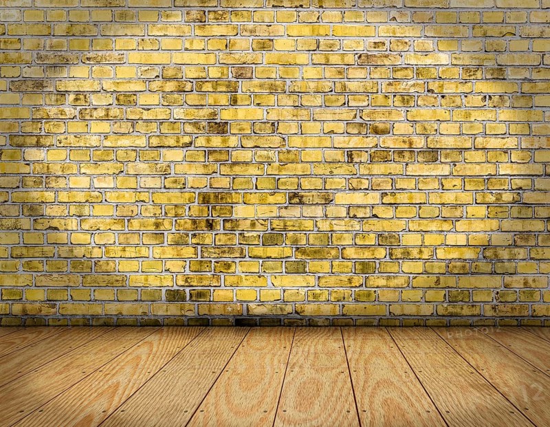 Room interior vintage with yellow brick wall and wood floor background