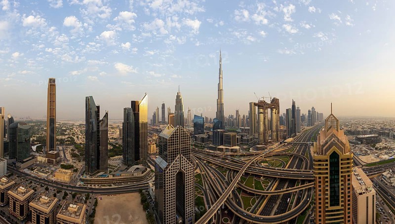 Dubai, UAE, July 21, 2018: Beautiful panoramic view of Dubai skyline just before sunset time