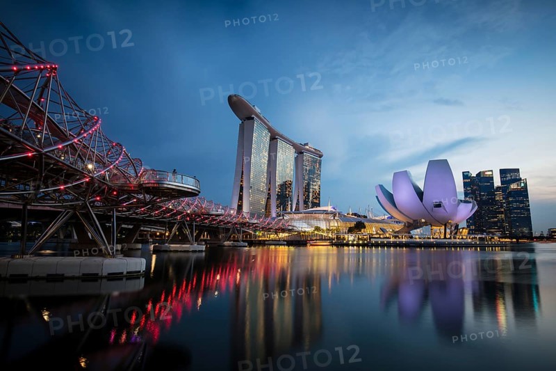 Marina Bay Sand area and Helix Bridge at dusk on a clear day on November 24th 2019