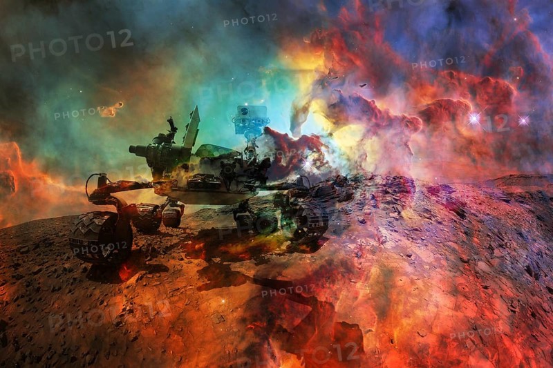 Curiosity rover exploring the surface of Mars. Science fiction wallpaper. Elements of this image furnished by NASA