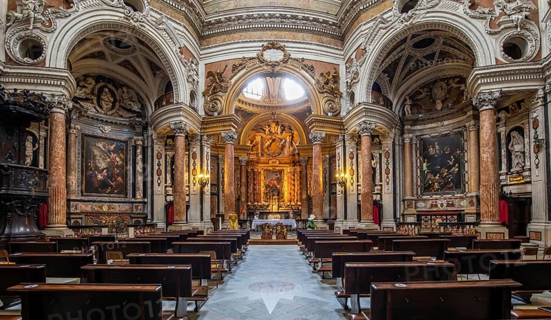 TURIN, ITALY - CIRCA MAY 2021: Antique baroque interior with vintage decoration. Royal Church of San Lorenzo (St. Lawrence)