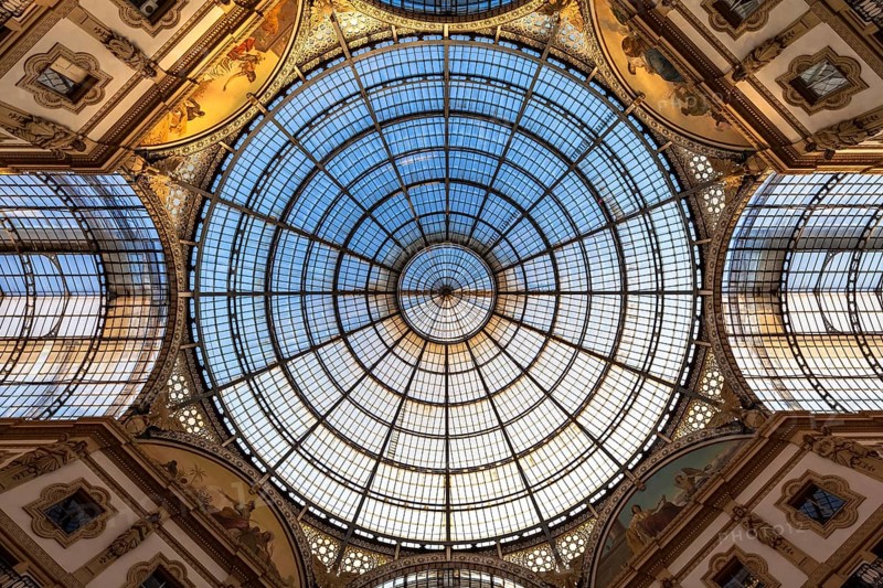 MILAN, ITALY - CIRCA AUGUST 2020: Architecture in Milan fashion Gallery, Italy. Dome roof architectural detail