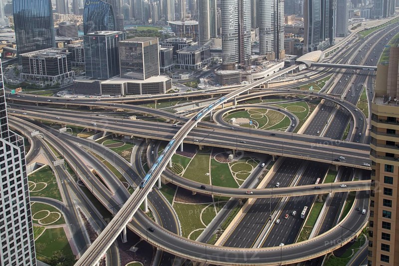 Dubai, United Arab Emirates, July 20, 2018: Aerial view of the Sheikh Zayed Junction with multi-storey bridges, Asia