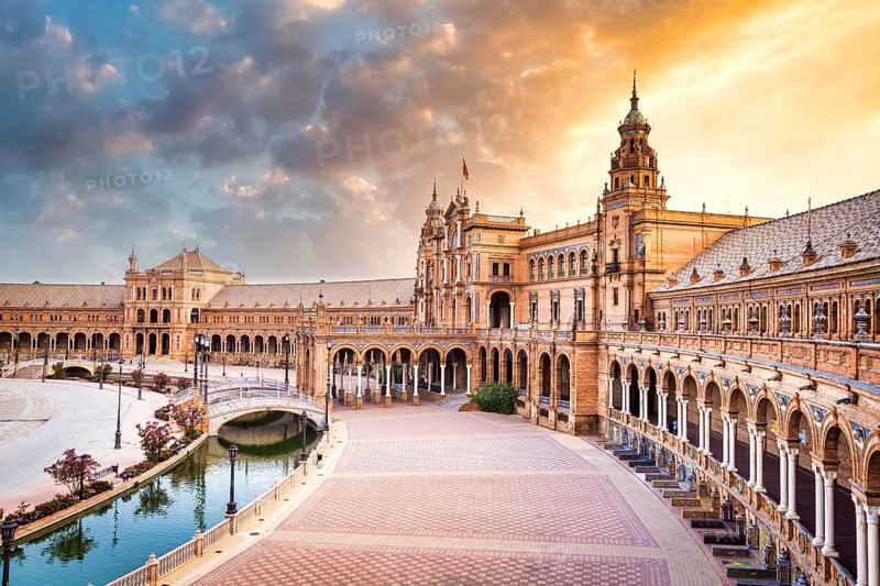 Spain, Seville. Spain Square, a landmark example of the Renaissance Revival style in Spanish architecture, Europe