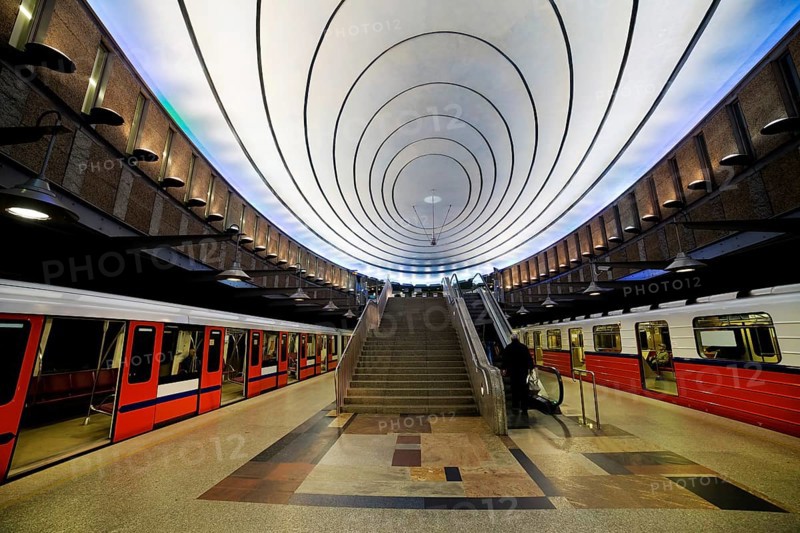 Contemporary design of Warsaw subway platform in Poland