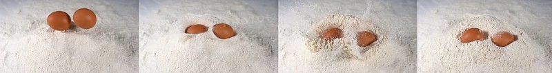 Egg Falling into Flour against White Background
