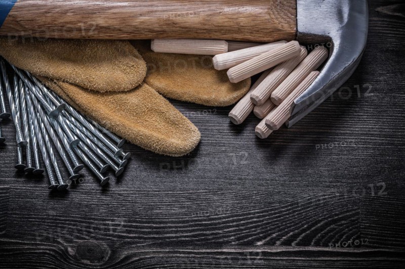 Protective gloves construction nails claw hammer wooden dowels