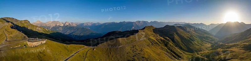 Morning atmosphere, aerial view, panorama at Colle Basset with Assietta ridge road, Sauze d'Oulx, Sestriere, Piedmont, Italy, Europe