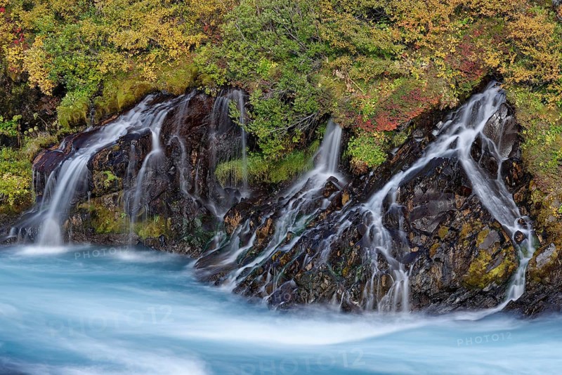 Waterfall Hraunfossar, river Hvita, Iceland, Europe