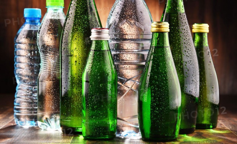 Composition with different sorts of bottles containing mineral water