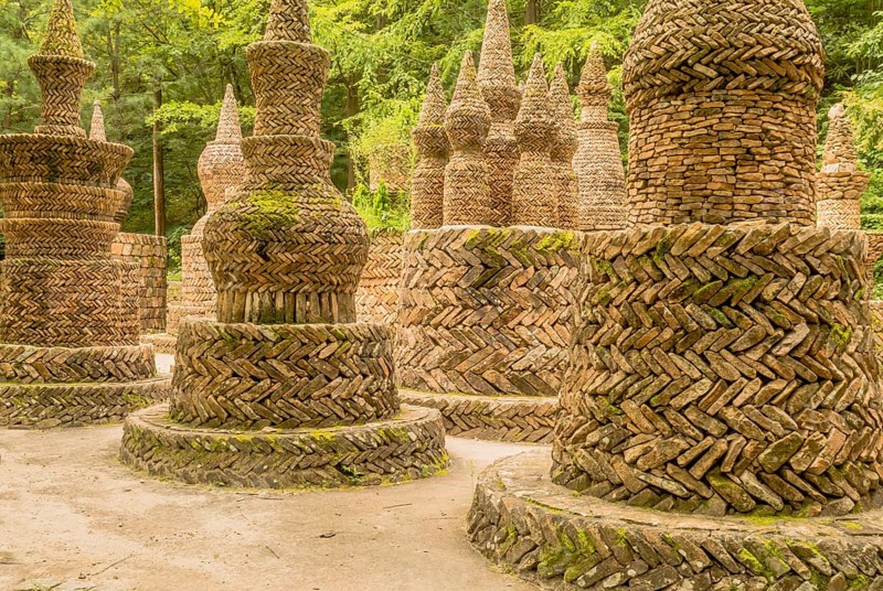 Daejeon, South Korea, August 16, 2020: Large intricately designed structures made of brick and mortar in Sangso Dong recreational forest park, Asia