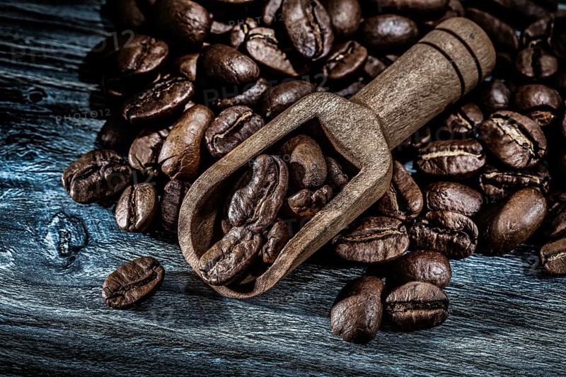 Wholegrain coffee beans in scoop on wooden board