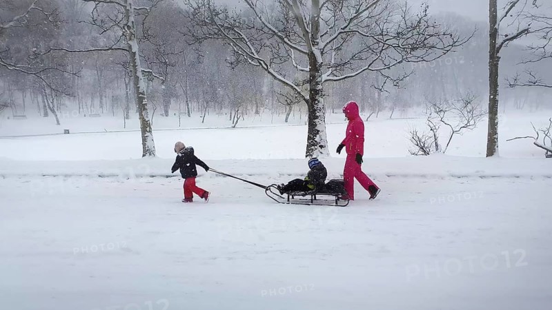 CHISINAU, MOLDOVA - JANUARY 29, 2021 Beautiful scene in the winter park with a mother and child enjoying a sleigh ride. Idyllic and peaceful scene with fluffy snowflakes falling from the sky