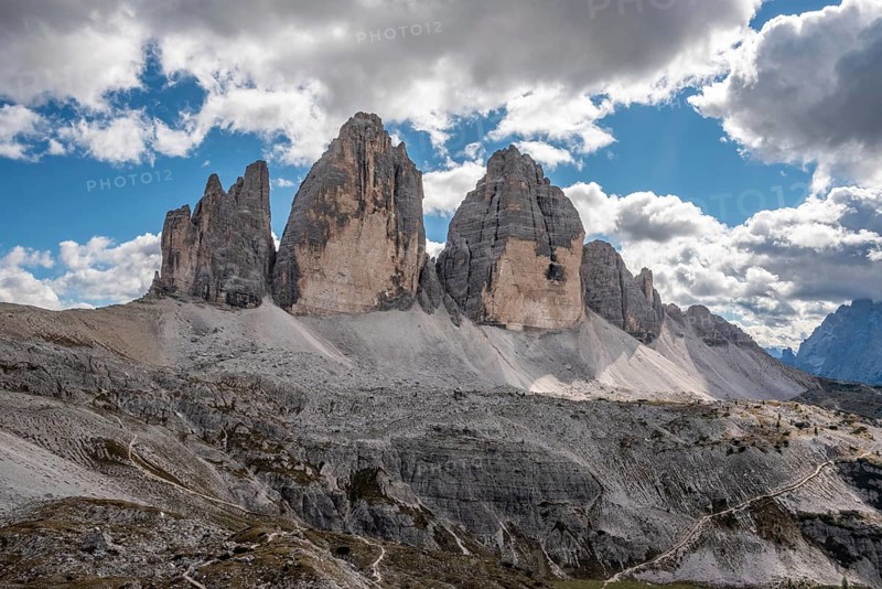 View of the iconic Drei Zinnen mountains in the South Tirolese Dolomite alps, Italy, Europe
