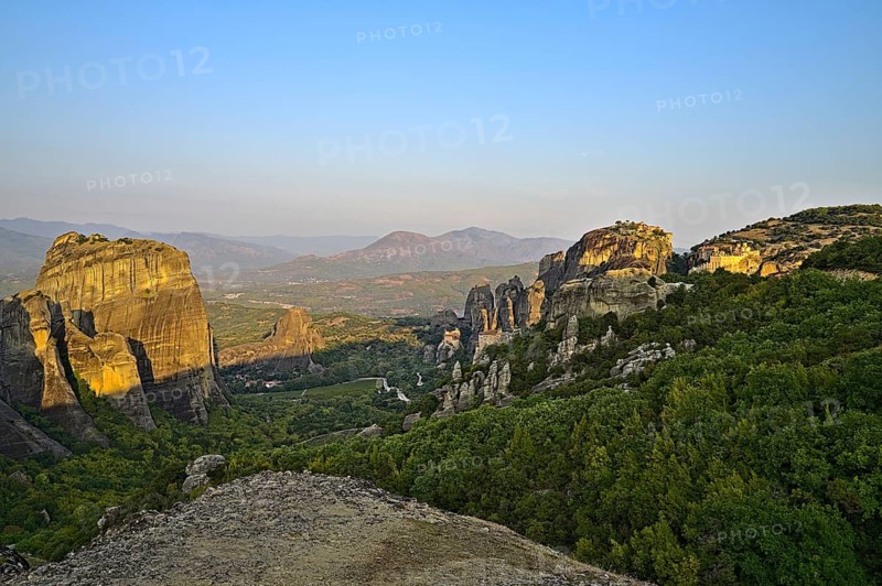 Monastery of Varlaam, Holy Monastery of Saint Nicholas, Monastery of Rousanou and Megalo Meteoro photographed at sunrise