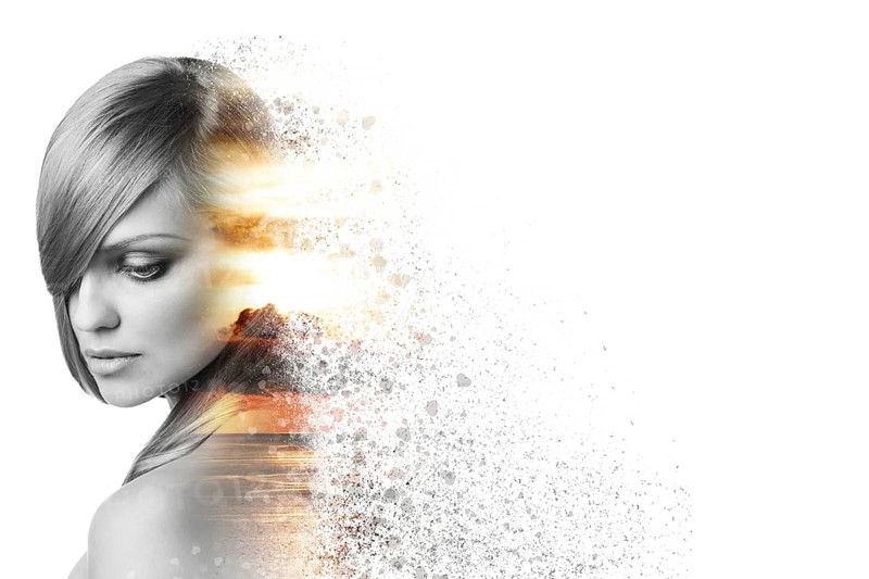 Beautiful woman face in double exposure crushed isolated on white background