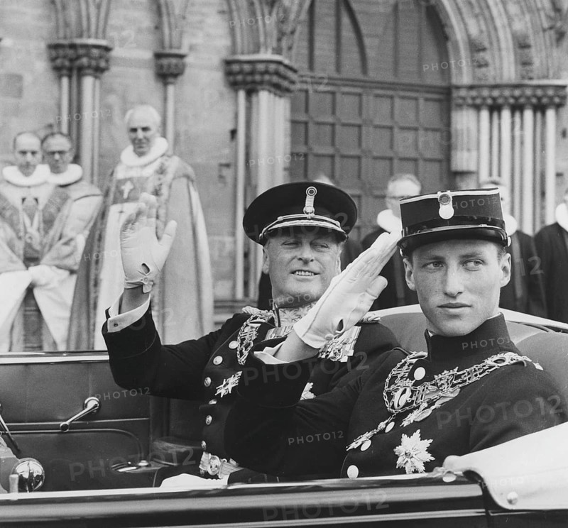 King Harald of Norway. Pictured with his father King Olav V on the day of his coronation becoming king, Trondheim june 22 1958