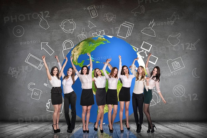 Businesspeople in the gray room and big earth behind . Elements of this image furnished by NASA