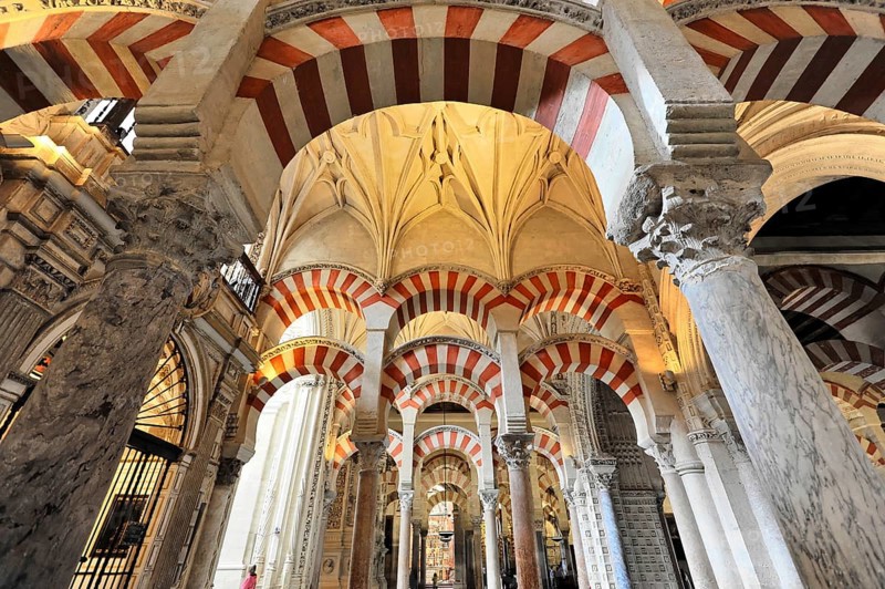 La Mezquita, Mosque, Cathedral of Cordoba, Cordoba, Andalusia, Spain, Europe, Mosque interior with ornately carved stone arches, Europe