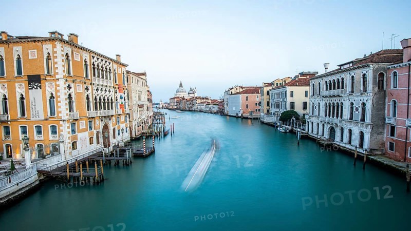 View from the Ponte dell'Academia onto the Grand Canal and the Basilica di Santa Maria Della Salute, long exposure, panoramic shot, Venice, Italy, Europe
