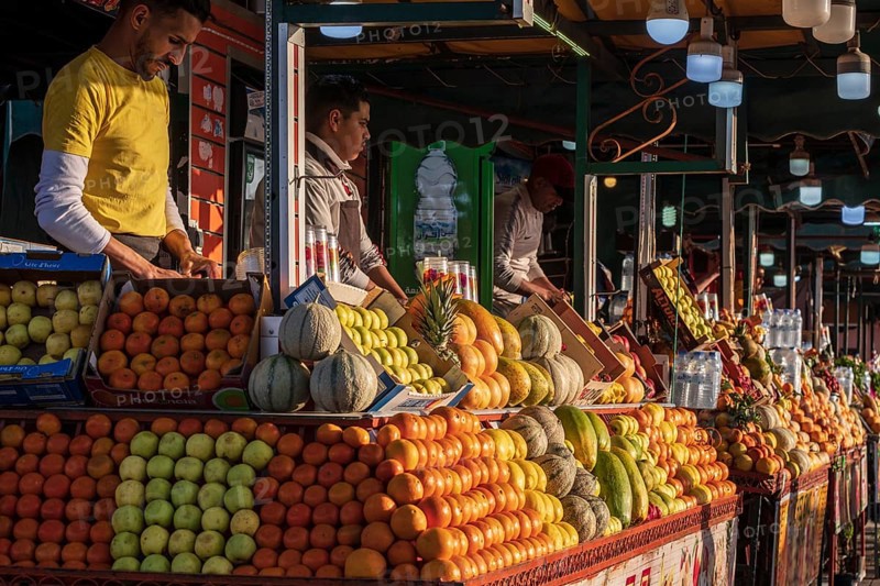 Fruit smoothie stall, Djemaa el Fna square, Intangible Cultural Heritage of Humanity, marrakesh, morocco
