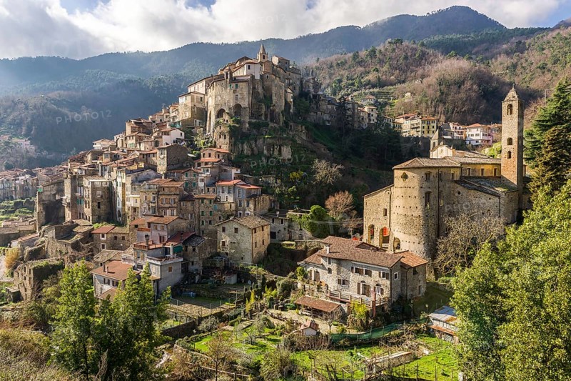 View over the medieval village of Ceriana, Liguria, Italy, Europe
