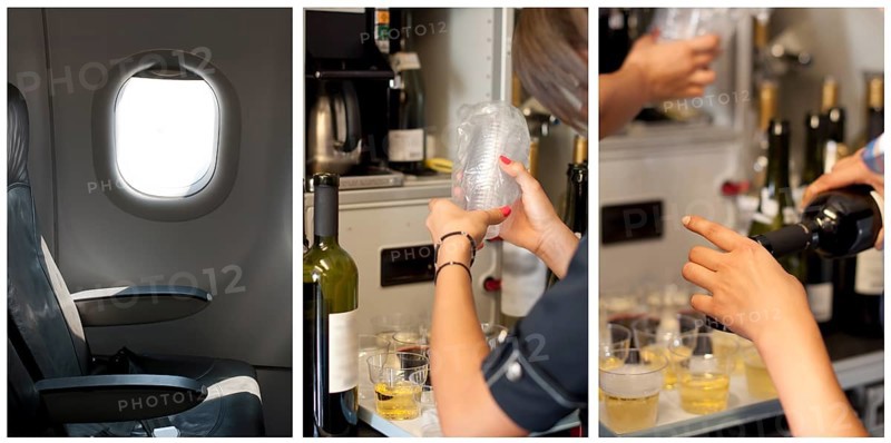 Passenger seat in an airplane. Stewardess poured drinks. Tree images