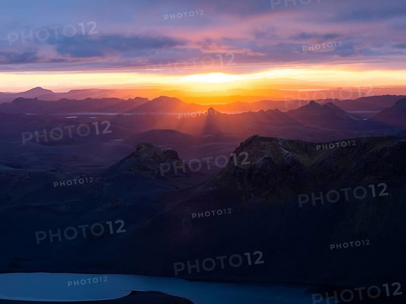Cloudy mood and evening light at sunset, view from Mount Sveinstindur, volcanic landscape, Lake Langisjór, mountains, Icelandic highlands, Iceland, Europe