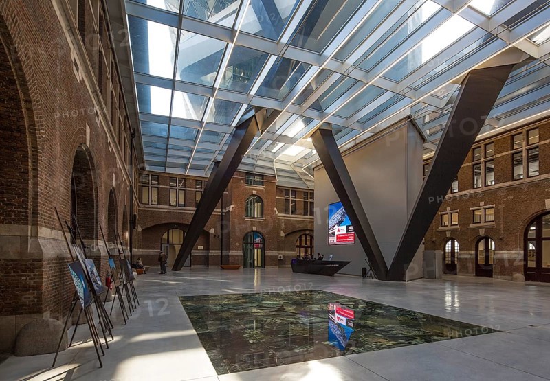 Antwerp, Port House. Port House former fire brigade barracks today port administration extension 2012-16 by Zaha Hadid atrium with walk-in harbour map