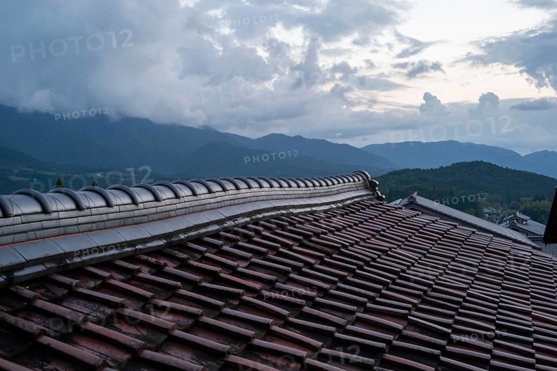 View of the sunset over the rooftops, Magome, Gifu, Japan, Asia