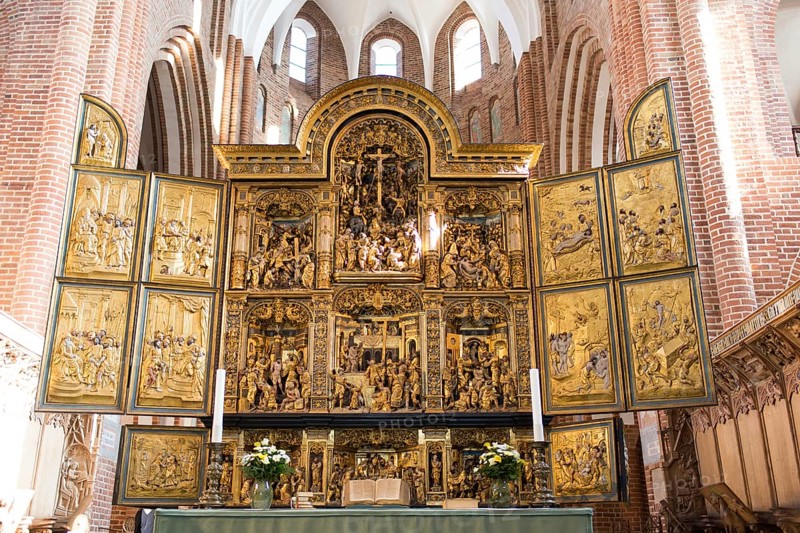 Altar of Roskilde Cathedral in Denmark in sunlight, Roskilde, Denmark, Europe