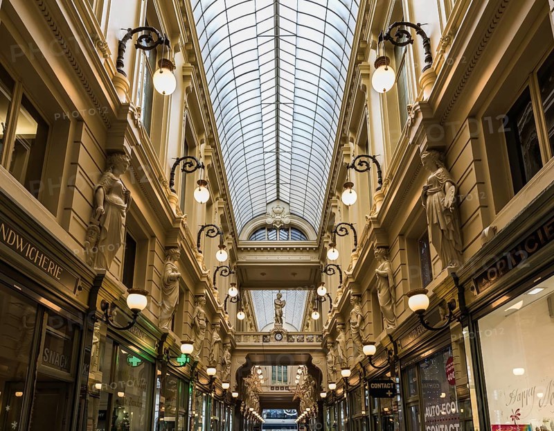 Brussels, Belgium, 12 18 2018: The decorated art and shopping mall called Passage du Nord in eclectic style in old town, Europe