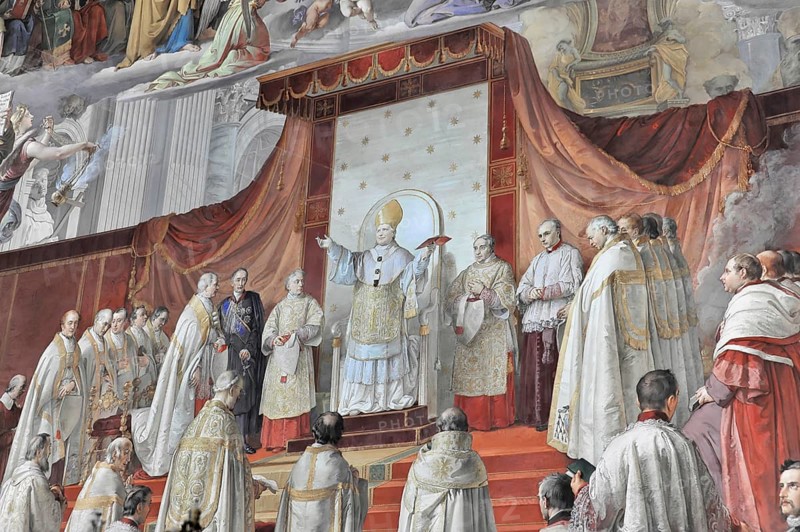 Vatican Museums, Vatican City, Vatican, Rome, Lazio, Italy, A pope holds a ceremony surrounded by priests in a richly decorated church, Vatican, Rome, Lazio, Italy, Europe