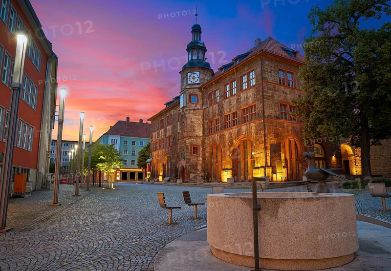 Stadt Nordhausen Rathaus sunset city hall with Roland figure in Thuringia Germany