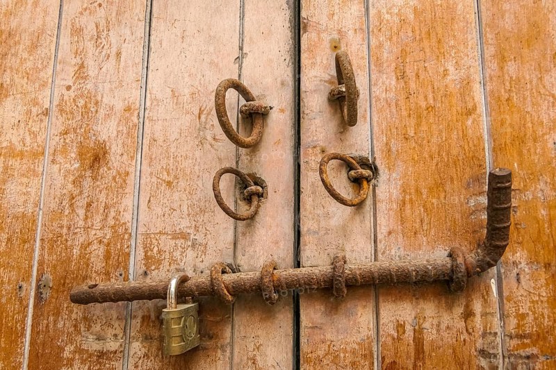 Close-up of traditonal door lock on wooden door in Cartagena, Colombia, South America