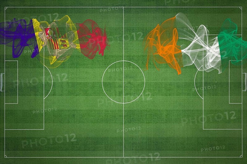 Andorra vs Ivory Coast Soccer Match, national colors, national flags, soccer field, football game, Competition concept, Copy space
