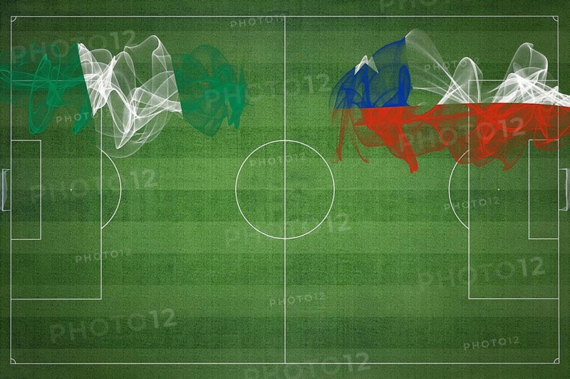 Nigeria vs Chile Soccer Match, national colors, national flags, soccer field, football game, Competition concept, Copy space