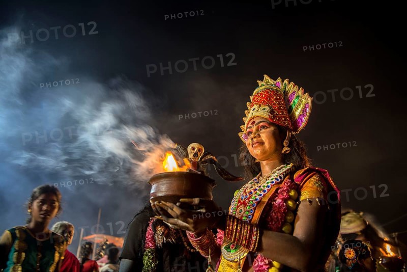 Woman dress as Hindu Goddess Durga, Tamil Nadu, India, Asia