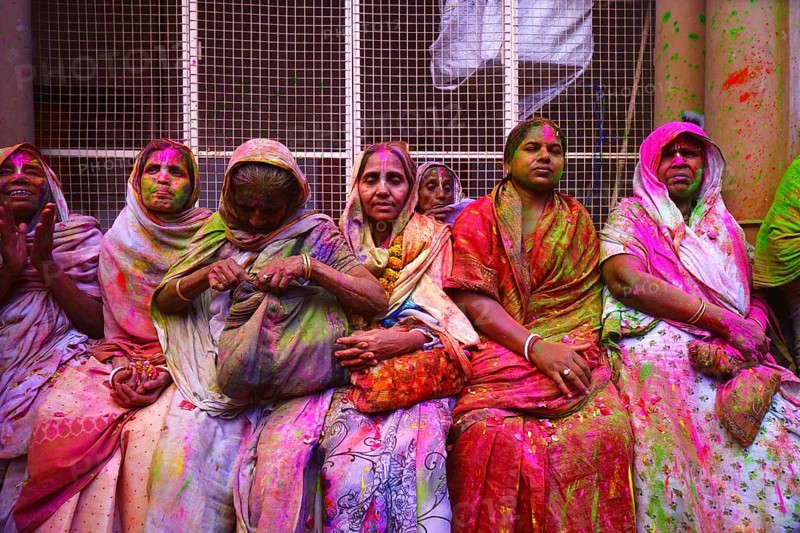 Widows celebrating Holi festival, Gopinath temple, Uttar Pradesh, India, Asia
