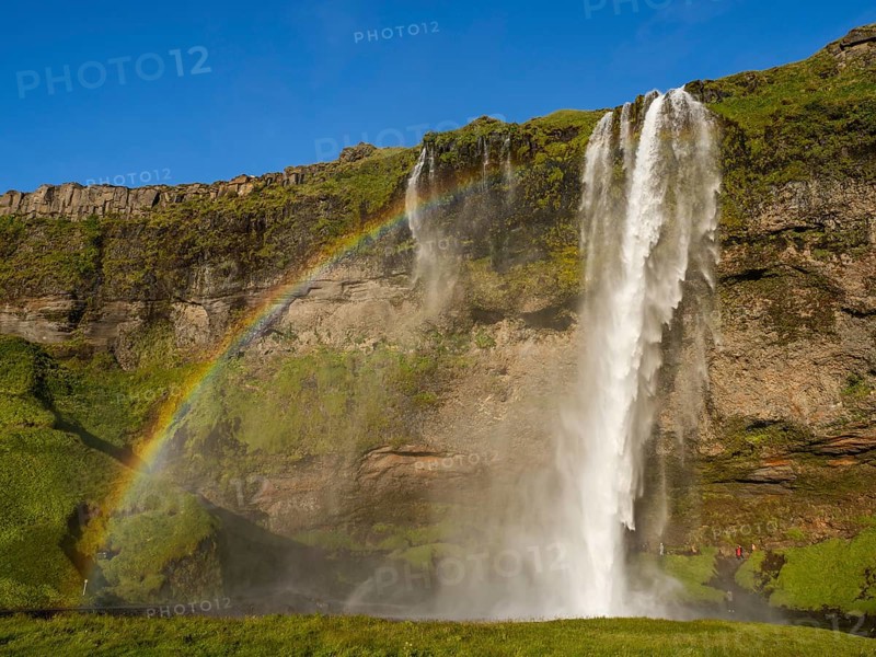 Rainbow at Seljalandsfoss waterfall, South Iceland, Iceland, Europe