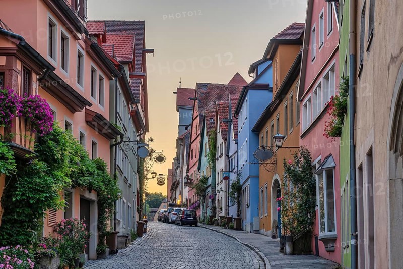 Rothenburg ob der Tauber Germany, sunrise city skyline with colorful house the Town on Romantic Road of Germany