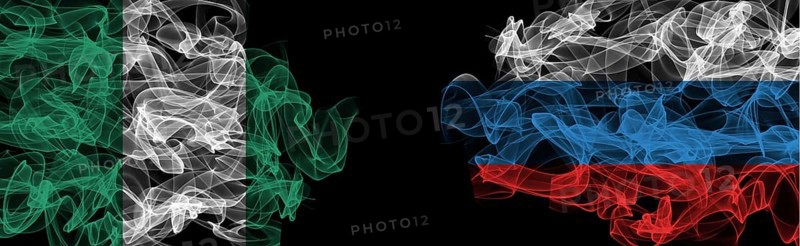 Flags of Nigeria and Russia on Black background, Nigeria vs Russia Smoke Flags