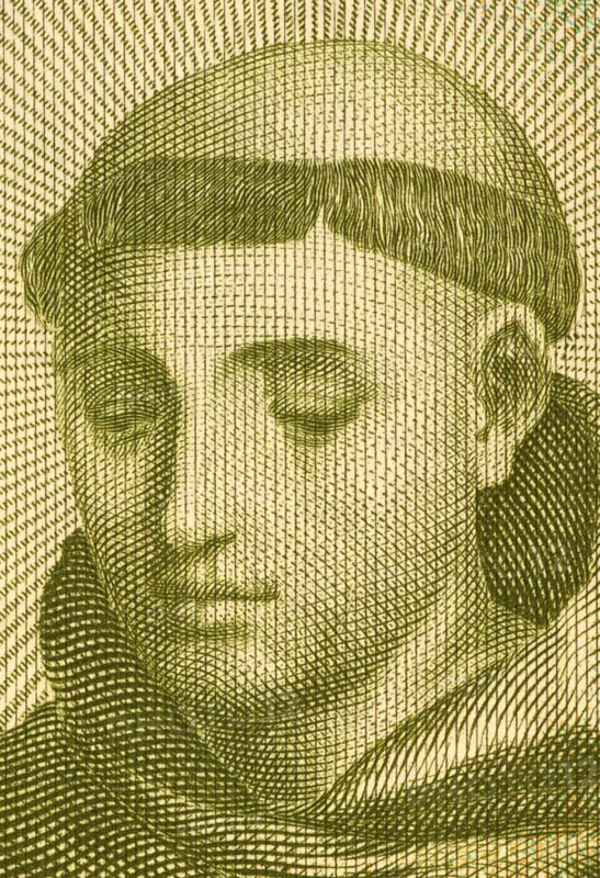 Anthony of Padua (1195-1231) on 20 Escudos 1964 banknote from Portugal. Portuguese Catholic priest of the Franciscan Order
