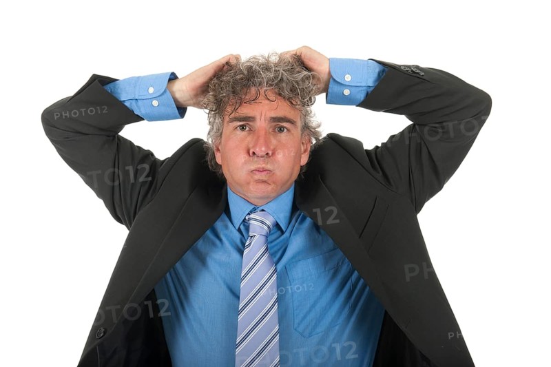 Portrait handsome adult man with curly hair and formal suit with lots of stress