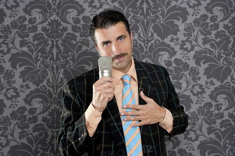 Nerd retro mustache man microphone singing silly wallpaper background
