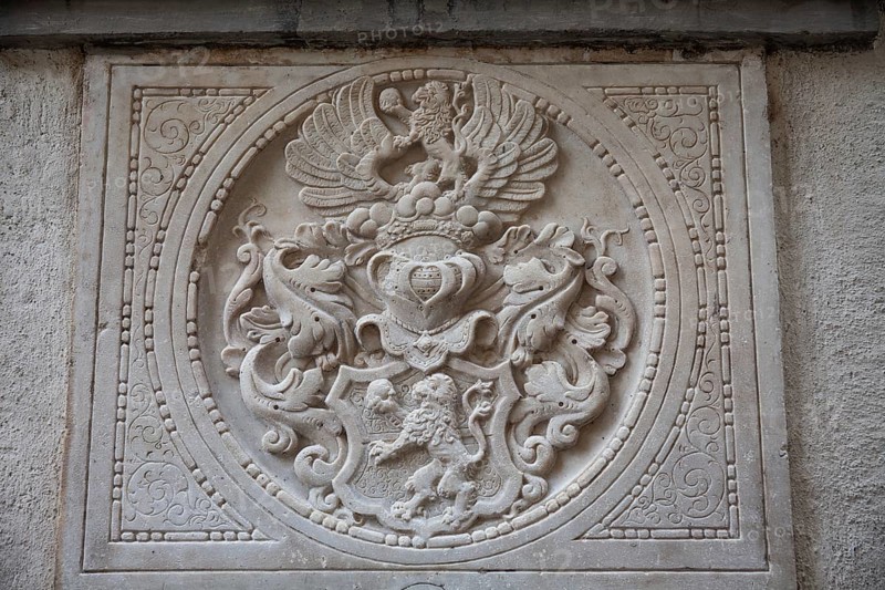 Coat of arms, stone relief on a gravestone, exterior facade of the cathedral, Graz, Styria, Austria, Europe